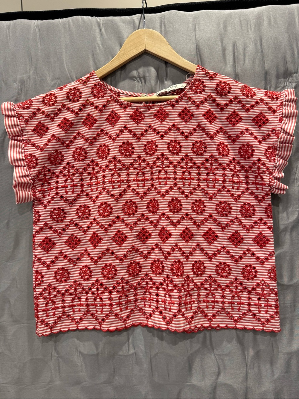Zara Red and White Embroidered Crop Top
